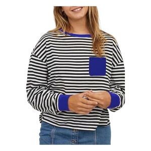 Women's Black and White Striped Tee with Blue Accents